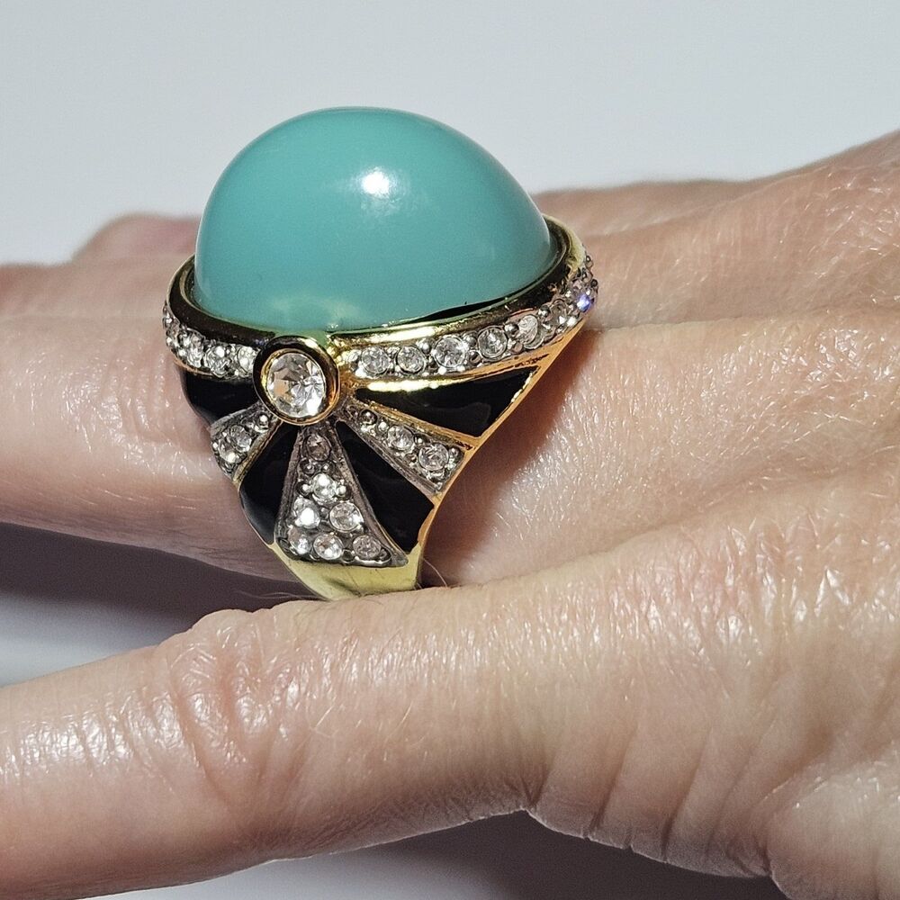 Kenneth Jay Lane cabochon Turquoise Black and white Zebra ring size 5 To 6